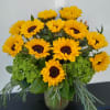 Bouquet of yellow sunflowers in a glass vase