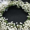 White baby's breath floral wreath with a sheer ribbon bow