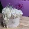 White roses in a round box with a silver tiara and draping white filler