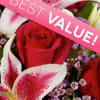 Red roses and pink lilies with a pink ribbon reading "BEST VALUE!"