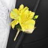 Yellow boutonniere with a small bud pinned to a black suit jacket