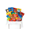Assorted snack bags arranged in a gift basket with polka-dot wrap