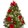 Christmas tree-shaped arrangement of red roses with ribbon and ornaments