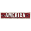Long rustic red wooden sign reading AMERICA with blue stars and smaller script text