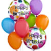 Cluster of colorful birthday balloons, including two "Happy Birthday" foil balloons