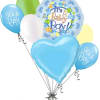 Cluster of blue baby shower balloons with a heart balloon and "It's A Boy" text