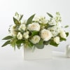 Creamy white roses and clusters of delicate white stock form a quietly