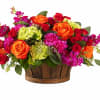 Orange Roses, Magenta Stock and Green Hydrangea arranged in a split wood
