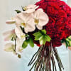 Red rose bouquet with white orchids