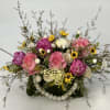 Pink and white rose bouquet with yellow daisies and a butterfly decoration