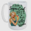 White mug with a retro pin-up graphic and bold text