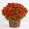 Orange and red chrysanthemums in a wooden basket