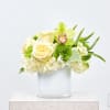 Cream roses and hydrangeas in a clear glass vase with green accents