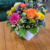 Colorful rose bouquet in a white square box