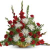 Red roses and white spider mums in a wicker basket