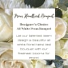 All-white bouquet of roses and chrysanthemums with dark round leaf accents