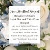 Light blue hydrangeas and white roses in a hand-tied bouquet with a prom-themed text overlay.
