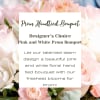 Pink and white hand-tied bouquet of roses behind a prom-themed text overlay