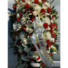 Large red and white funeral spray with ribbon