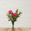 Two pink roses in a clear glass vase with greenery
