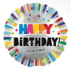 Round birthday foil balloon with colorful confetti and text