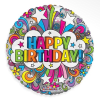 Round birthday balloon with colorful "Happy Birthday" text