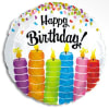 Round birthday balloon with colorful candles and confetti