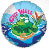 Round foil balloon with a cartoon frog and the words "Get Well Soon"