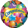 Round foil balloon with colorful stars and the word congratulations