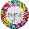 Round foil balloon with colorful stripes and the word "Congrats"