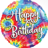 Rainbow tie-dye birthday balloon with large white script text