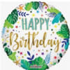 Round birthday balloon with tropical leaf pattern and "Happy Birthday" text