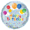 Round birthday balloon with colorful polka dots and "Happy Birthday" text