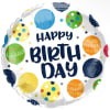 Round birthday balloon with colorful polka dots and "Happy Birthday" text