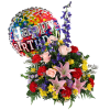 Exuberant birthday arrangement in a basket featuring beautiful lilies surrounded by red