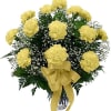 Yellow carnations with baby's breath in a vase, tied with a yellow ribbon