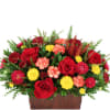 Red roses and mixed mums in a wooden rectangular planter