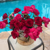 Bouquet of red and hot pink roses in a wooden box