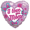 Heart-shaped lavender balloon with "I love you Mom" text and butterfly graphics