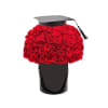 Red rose arrangement in a black hatbox with a graduation cap topper