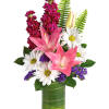 Pink lilies and white daisies in a green glass vase