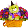 Cat-shaped flower basket with purple ribbon and a witch hat
