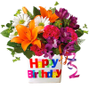 Bright mixed bouquet in a birthday vase with ribbons