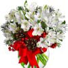 White alstroemeria bouquet in a glass vase with red ribbon and pinecones