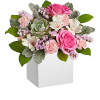 Pink and white floral arrangement in a white box with a succulent