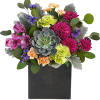 Succulent and mixed flower arrangement in a black square vase
