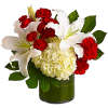 Red carnations and white lilies in a green glass vase with white hydrangea