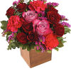 Bouquet of red and pink roses in a wooden cube vase