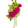 Pink roses and green orchids tied with a pale ribbon