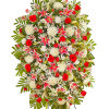 Standing floral spray with red roses, white blooms, and pink lilies